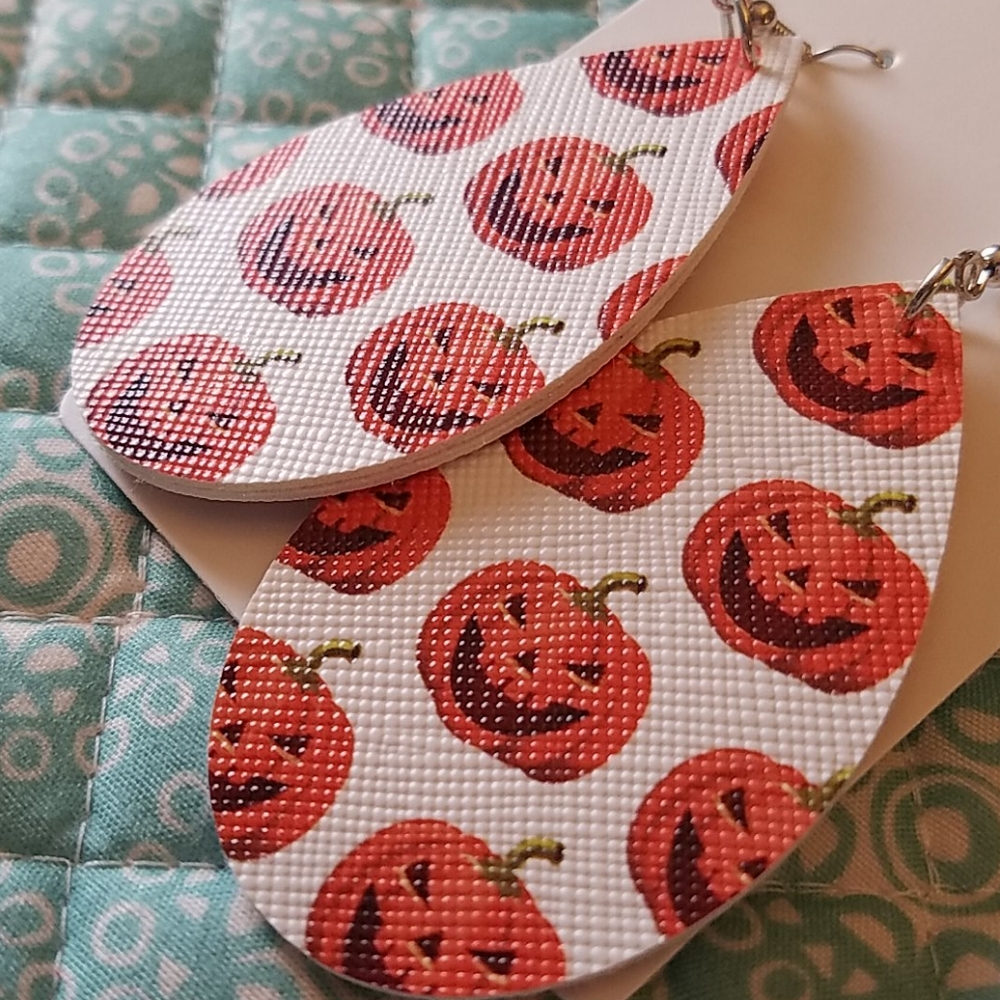 Faux Leather Halloween Jack O Lantern Earrings - Picture 3 of 3